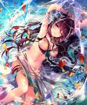  ;) arm_up armpits bangs bikini breasts brown_eyes brown_hair bubble commentary_request irua long_hair looking_at_viewer medium_breasts navel one_eye_closed parted_lips sarong shingeki_no_bahamut smile solo swimsuit water_surface watermark white_bikini 