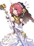  blue_eyes commentary_request dress elbow_gloves fate/apocrypha fate/grand_order fate_(series) frankenstein's_monster_(fate) gloves hair_over_eyes heterochromia horn open_mouth pink_hair short_hair solo tsuedzu veil weapon white_dress white_gloves yellow_eyes 