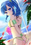  adjusting_clothes adjusting_swimsuit arm_behind_back armband ass back bad_id bad_pixiv_id ball bangs bare_shoulders beach beachball bikini bikini_tan blue_eyes blue_hair blue_sky blunt_bangs blurry blush breasts closed_mouth cloud commentary_request cowboy_shot day depth_of_field dimples_of_venus dutch_angle eyebrows_visible_through_hair eyelashes fingernails flower from_side hair_ornament hairclip hand_up high_ponytail highres holding holding_ball ishido_mutsuki leaf light_smile long_hair looking_at_viewer looking_back medium_breasts ocean original outdoors petals ponytail pulled_by_self red_flower sidelocks sky solo sparkle standing star star_hair_ornament strap_gap sweat swimsuit tan tanline transparent underboob volleyball_net water wristband yellow_bikini 