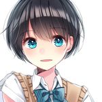  aqua_eyes bangs black_hair blush bob_cut bow bowtie commentary_request eyebrows_visible_through_hair grey_background hami_yura looking_at_viewer original parted_lips portrait school_uniform short_hair simple_background smile solo sweater_vest tareme 