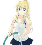  :o blonde_hair blue_eyes blush eyebrows_visible_through_hair fullmetal_alchemist hose long_hair looking_away lowres open_mouth ponytail shirt simple_background skirt solo tsukuda0310 water wet wet_clothes wet_hair white_background white_shirt winry_rockbell 