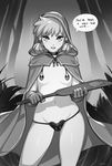  areolae black_panties blush breasts choker cloak commentary gloves greyscale hair_bobbles hair_ornament highres hood hooded_cloak leather leather_gloves little_red_riding_hood little_red_riding_hood_(grimm) looking_at_viewer mole mole_under_eye monochrome navel open_mouth paddle panties short_hair signature small_breasts smile solo speech_bubble typo_(requiemdusk) underwear 