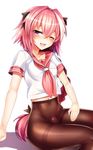  androgynous astolfo_(fate) black_bow black_legwear bow braid bulge commentary_request crossdressing crotch_seam fang fate/apocrypha fate/grand_order fate_(series) hair_ribbon heart heart-shaped_pupils highres looking_at_viewer male_focus multicolored_hair no_pants one_eye_closed open_mouth otoko_no_ko pantyhose pink_hair purple_eyes ribbon silly_(marinkomoe) single_braid smile streaked_hair symbol-shaped_pupils thighband_pantyhose 