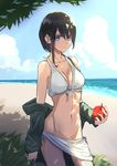  apple asymmetrical_hair bangs beach bikini black_hair blue_eyes closed_mouth coat collarbone commentary_request cowboy_shot day eyebrows_visible_through_hair food front-tie_bikini front-tie_top fruit hai_to_gensou_no_grimgar hair_between_eyes hair_over_shoulder halter_top halterneck highres holding holding_food holding_fruit leris_muma long_hair looking_at_viewer merry_(grimgar) navel ocean open_clothes open_coat outdoors sarong sidelocks solo swimsuit white_bikini 