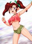  armpits asymmetrical_hair bakusou_kyoudai_let's_&amp;_go!! bakusou_kyoudai_let's_&amp;_go!!_max blue_eyes blush bracelet breasts covered_nipples crop_top crop_top_overhang denim denim_shorts genka_ichien jewelry large_breasts long_hair looking_at_viewer midriff navel necklace oogami_marina open_mouth red_hair shorts solo tank_top twintails unbuttoned underboob wristband 