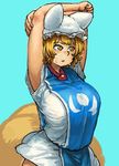  adapted_costume arm_over_head arms_up bangs blonde_hair blush breasts chanta_(ayatakaoisii) extra_ears fox_tail hat highres large_breasts looking_afar miniskirt multiple_tails open_mouth pillow_hat shirt short_hair short_sleeves simple_background skirt solo stretch sweatdrop tabard tail teal_background touhou upper_body white_hat white_shirt white_skirt yakumo_ran 