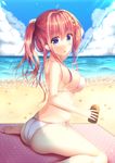  adjusting_hair ahoge ass bangs bare_arms bare_legs beach bikini blue_eyes blush bow breasts chestnut_mouth cloud cloudy_sky commentary_request day eyebrows_visible_through_hair from_side green_bow hair_bow halterneck holding long_hair looking_at_viewer lotion_bottle medium_breasts ocean original outdoors ponytail red_hair side-tie_bikini sitting sky solo suzukawa_yui swimsuit wariza white_bikini yellow_bow 