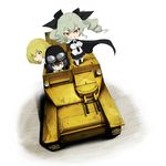  anchovy anzio_school_uniform black_hair blonde_hair cape carpaccio carro_veloce_cv-33 caterpillar_tracks chibi girls_und_panzer green_eyes green_hair ground_vehicle jinguu_(4839ms) military military_vehicle motor_vehicle multiple_girls pepperoni_(girls_und_panzer) red_eyes smile tank twintails white_background yellow_eyes 