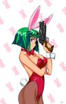  animal_ears breast_squeeze breasts bunny_ears bunny_girl bunny_tail bunnysuit burn-up_w commentary fake_animal_ears from_side green_hair gun handgun headband highres holding holding_gun holding_weapon jinguu_maya large_breasts leotard looking_at_viewer pantyhose patterned_background purple_eyes red_leotard revolver solo tail typo_(requiemdusk) weapon wristband 