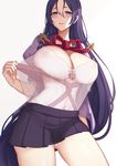  biting blush breasts cosplay evan_yang fate/grand_order fate_(series) gradient gradient_background hanekawa_tsubasa hanekawa_tsubasa_(cosplay) highres huge_breasts kizumonogatari lip_biting lips long_hair minamoto_no_raikou_(fate/grand_order) monogatari_(series) navel pleated_skirt purple_eyes purple_hair ribbon see-through skirt solo sweat thighs underwear very_long_hair 