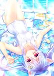  animal_ears bangs barefoot blush breasts cat_ears closed_mouth collarbone commentary_request covered_navel eyebrows_visible_through_hair flower hair_between_eyes hair_ornament heart heart_hair_ornament inagaki_miiko knees_up light_blue_hair looking_at_viewer lying on_back on_floor original pool pool_ladder red_eyes school_swimsuit sidelocks signature small_breasts smile solo stuffed_animal stuffed_cat stuffed_toy swimsuit tile_floor tiles twintails twitter_username water white_school_swimsuit white_swimsuit 