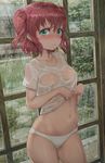  absurdres aqua_eyes areolae bangs blush breasts closed_mouth collarbone eyebrows_visible_through_hair highres kurosawa_ruby looking_at_viewer love_live! love_live!_sunshine!! navel panties red_hair see-through shirt shirt_lift short_hair short_sleeves small_breasts solo two_side_up underwear wet wet_clothes wet_shirt white_panties window yohan1754 