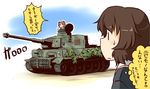  akiyama_yukari brown_hair caterpillar_tracks check_translation girls_und_panzer ground_vehicle hariyaa kadotani_anzu kelly's_heroes military military_uniform military_vehicle motor_vehicle multiple_girls ooarai_military_uniform t-34_tiger_prop tank translated translation_request twintails uniform 