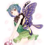  basket blue_hair blush brown_hair butterfly_wings eternity_larva eyebrows_visible_through_hair flower green_skirt highres holding holding_basket looking_at_viewer minku_(nico_seiga) parted_lips pink_flower short_hair skirt solo touhou wings yellow_wings 
