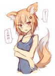  :o absurdres anger_vein animal_ears bare_shoulders blonde_hair blush breast_hold breasts brown_eyes commentary_request cowboy_shot cropped_torso fang fox_ears fox_tail highres looking_at_viewer medium_breasts one-piece_swimsuit original school_swimsuit short_hair sketch solo sukemyon sweatdrop swimsuit tail translated v-shaped_eyebrows 