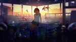  absurdres blue_skirt brown_eyes brown_hair bubble commentary_request fish goroku highres indoors kneehighs md5_mismatch moss original short_hair short_sleeves skirt solo sunset table 