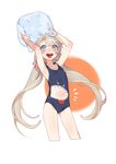  &gt;_&lt; :d absurdres arms_up blonde_hair blue_eyes covered_nipples cowboy_shot cropped_legs flat_chest hair_ornament hair_scrunchie herme_(ohisashiburi) highres long_hair looking_at_viewer low_twintails meme_attire navel navel_cutout ohisashiburi one-piece_swimsuit open_mouth original petite scrunchie sharkini smile solo swimsuit twintails very_long_hair 