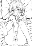 anus bad_id bad_pixiv_id bangs bar_censor barefoot bed_sheet benghuai_xueyuan blush bottomless censored closed_mouth commentary_request dress_shirt eyebrows_visible_through_hair feet flat_chest greyscale highres holding holding_hair honkai_impact knees_up long_hair looking_at_viewer lying monochrome nipples on_back open_clothes open_shirt pillow pussy qunqing shirt smile soles solo spread_pussy theresa_apocalypse thighs 