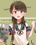  :d anchor braid brown_hair chain character_name green_eyes green_sailor_collar itomugi-kun kantai_collection long_hair machinery open_mouth sailor_collar school_uniform serafuku short_sleeves single_braid smile solo turret uranami_(kantai_collection) v-shaped_eyebrows 