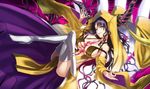  bare_shoulders black_hair boots breasts commentary_request crossed_legs detached_sleeves facial_mark fate/grand_order fate_(series) forehead_mark from_side hinomoto_madoka horns large_breasts long_hair long_sleeves looking_at_viewer looking_to_the_side parted_lips sesshouin_kiara sideboob smile solo thigh_boots thighhighs veil very_long_hair white_footwear wide_sleeves yellow_eyes 