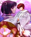  1boy 1girl flower husband_and_wife japanese_clothes kyoukai_no_rinne pink_eyes purple_hair red_eyes red_hair ribbon rokudou_otome rokudou_sabato 