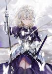  armor bangs black_legwear blonde_hair blue_eyes bug butterfly chain closed_mouth cowboy_shot dangmill fate/apocrypha fate_(series) faulds gauntlets half-closed_eyes headpiece holding insect jeanne_d'arc_(fate) jeanne_d'arc_(fate)_(all) long_hair looking_down outdoors platinum_blonde_hair revision solo standard_bearer thighhighs 
