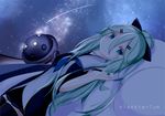  aqua_eyes black_legwear choker commentary_request green_hair hair_between_eyes hair_ornament hair_ribbon hairclip highres kantai_collection lauryl long_hair looking_at_viewer lying night night_sky on_back planetarium pleated_skirt ribbon school_uniform serafuku skirt sky smile solo star_(sky) starry_sky thighhighs yamakaze_(kantai_collection) zettai_ryouiki 