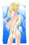  bikini blonde_hair blue_eyes bow bubble_background collarbone flat_chest food fujichika_(fujichica_fpf) grin hair_bow hair_ornament hairclip hand_in_pocket highres holding holding_food hood hoodie kagamine_rin navel open_clothes open_hoodie popsicle smile solo spaghetti_strap swimsuit teeth treble_clef unzipped updo vocaloid 