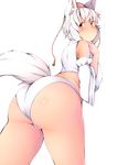  animal_ears ass bare_shoulders breasts eyebrows_visible_through_hair hat highres inubashiri_momiji large_breasts looking_at_viewer looking_back panties pink_eyes shishi_juuroku short_hair simple_background solo tail thick_eyebrows thick_thighs thighs tokin_hat touhou underwear white_background white_hair white_panties wolf_ears wolf_tail 