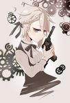  ange_(princess_principal) blue_eyes bow bowtie braid gun hair_ribbon handgun holding holding_gun holding_weapon kumasawa_(dkdkr) long_sleeves looking_at_viewer pistol princess_principal revolver ribbon school_uniform short_hair silver_eyes solo underbust upper_body weapon webley-fosbery_automatic_revolver 