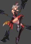  alternate_costume animal_ears breasts cleavage fox_ears fox_girl fox_tail grey_hair hair_between_eyes hair_ornament hair_over_one_eye highres licking looking_at_viewer lu_lingqi medium_breasts open_mouth sangoku_musou shin_sangoku_musou shiraha_(pixiv10239953) short_hair solo tail tongue tongue_out weapon 