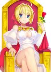  ahoge blonde_hair blush breasts chair cleavage closed_mouth crossed_legs eyebrows_visible_through_hair fate/extra fate/grand_order fate_(series) flower hair_ribbon holding holding_flower large_breasts looking_at_viewer mogullaz nero_claudius_(fate) nero_claudius_(fate)_(all) red_ribbon ribbon short_hair sideboob sitting smile solo throne 