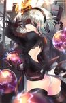 absurdres ass bangs black_dress black_gloves blindfold bob_cut breasts dress feather_trim gloves hairband highres holding holding_weapon medium_breasts mole mole_under_mouth nier_(series) nier_automata outdoors pod_(nier_automata) puffy_sleeves short_dress short_hair sparkle squchan sword weapon white_hair yorha_no._2_type_b 