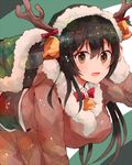  :d animal_costume bell black_hair breasts brown_eyes chikuma_(kantai_collection) fur_trim hair_between_eyes itomugi-kun jingle_bell kantai_collection large_breasts long_hair long_sleeves open_mouth reindeer_costume smile solo 