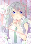  :3 asagao_minoru bangs blue_eyes blush closed_mouth collared_shirt commentary_request eyebrows_visible_through_hair finger_to_mouth flower green_hair green_nails hair_between_eyes hair_ribbon hand_up hatsune_miku highres long_hair looking_at_viewer nail_polish pink_ribbon pinky_out ribbon rose shirt shoulder_tattoo sleeveless sleeveless_shirt smile solo tattoo vocaloid white_flower white_rose white_shirt 