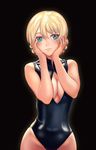  absurdres black_background blonde_hair blue_eyes blue_swimsuit blush braid breasts cleavage cleavage_cutout commentary_request darjeeling front_zipper_swimsuit girls_und_panzer hair_between_eyes hands_on_own_face highres large_breasts looking_at_viewer meme_attire one-piece_swimsuit short_hair simple_background smile solo standing swimsuit tied_hair twin_braids unzipped zhao_shixuan zipper 