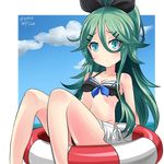  adapted_costume alternate_costume aqua_eyes bikini_skirt bikini_top blue_sky breasts cleavage cloud cloudy_sky collarbone commentary_request dated day green_hair hair_between_eyes hair_ornament hair_ribbon hairclip hebitsukai-san highres horizon kantai_collection lifebuoy long_hair looking_at_viewer navel ocean outside_border ribbon sitting sky small_breasts solo yamakaze_(kantai_collection) 