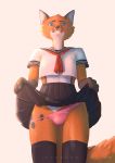  2019 animal_genitalia animal_penis anthro balls blue_eyes canid canine canine_penis clothed clothing digital_media_(artwork) erection fox front_view fur girly hi_res legwear looking_at_viewer male mammal panties penis rexthefox school_uniform simple_background smile solo underwear uniform 