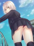  ass black_legwear cloud day eyebrows_visible_through_hair fate/grand_order fate_(series) highres jeanne_d'arc_(alter)_(fate) jeanne_d'arc_(fate)_(all) long_sleeves looking_at_viewer outdoors panties parted_lips ramchi red_panties short_hair signature solo sparkle thighhighs underwear white_hair wicked_dragon_witch_ver._shinjuku_1999 yellow_eyes 