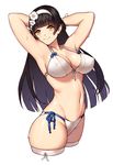  armpits arms_behind_head arms_up bangs bikini black_hair blunt_bangs breasts cleavage closed_mouth covered_nipples cowboy_shot cropped_legs flower front-tie_bikini front-tie_top girls_frontline gloves hair_flower hair_ornament hairband hime_cut large_breasts long_hair looking_at_viewer navel qbz-95_(girls_frontline) side-tie_bikini simple_background smile solo swimsuit thighhighs white_background white_bikini white_gloves white_legwear yan_wan yellow_eyes 