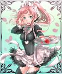  apron blush covered_navel cup felicia_(fire_emblem_if) fire_emblem fire_emblem_if flower green_eyes haru_(nakajou-28) highres long_hair maid maid_apron maid_headdress open_mouth petals ponytail rose solo teacup teeth thighhighs 