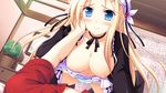  1boy 1girl blonde_hair blue_eyes blue_panties blush breasts choker game_cg girl_on_top hand_on_cheek hanging_breasts happy large_breasts maid maid_headdress open_shirt panties smile solo_focus 