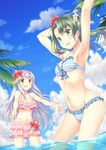  alternate_costume armpits arms_up bikini blue_sky breasts cleavage cloud collarbone commentary_request day flower frilled_bikini frills front-tie_top green_eyes hair_flower hair_ornament hair_ribbon hairband kantai_collection large_breasts long_hair looking_at_viewer medium_breasts minakami_nagara multiple_girls navel open_mouth outdoors ribbon shoukaku_(kantai_collection) sky smile swimsuit tree twintails water zuikaku_(kantai_collection) 
