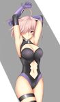  ahoge arciealbano armor armored_dress armpits arms_up bare_shoulders blush breasts cleavage closed_mouth commentary cowboy_shot elbow_gloves fate/grand_order fate_(series) gloves hair_over_one_eye highres large_breasts lavender_hair looking_at_viewer mash_kyrielight navel purple_eyes purple_gloves short_hair smile solo stomach 