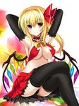  absurdres armpits arms_behind_head arms_up black_gloves black_legwear black_panties blonde_hair bow breasts choker cleavage commentary_request crossed_legs crystal derivative_work elbow_gloves flandre_scarlet gloves hair_bow haruka_(pixiv) hat hat_ribbon highres large_breasts looking_at_viewer midriff navel older panties pantyshot pantyshot_(sitting) red_eyes revealing_clothes ribbon side_ponytail sitting skirt smile solo thighhighs touhou underwear upskirt wings 