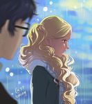  1girl amamiya_ren blonde_hair blue_eyes blurry depth_of_field earrings jewelry long_hair looking_down persona persona_5 rain sasha_gladysh takamaki_anne twintails wavy_hair 