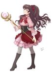  binder black_footwear boots bow brown_eyes brown_hair corset crescent earrings fire_emblem fire_emblem_heroes full_body glowing hair_bow highres jewelry knee_boots long_hair original pants pants_under_skirt pink_skirt ponytail sasha_gladysh scepter skirt smile solo 