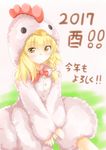  2017 absurdres blonde_hair blush bow bowtie braid chicken_costume chinese_zodiac commentary happy_new_year highres kirisame_marisa long_hair looking_at_viewer new_year side_braid single_braid sitting solo touhou translated unira v_arms year_of_the_rooster yellow_eyes 