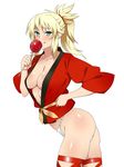  :p aqua_eyes ass blonde_hair blush breasts candy_apple cleavage fate/apocrypha fate_(series) food fundoshi happi highres japanese_clothes kagemusha looking_at_viewer medium_breasts mordred_(fate) mordred_(fate)_(all) ponytail simple_background smile solo thighhighs tongue tongue_out white_background 