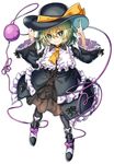  alternate_costume black_bow black_footwear black_hat black_skirt blush bow bright_pupils frills green_eyes green_hair hair_between_eyes hat hat_bow heart highres index_finger_raised jpeg_artifacts komeiji_koishi long_sleeves looking_at_viewer manarou medium_hair pantyhose shoes simple_background skirt smile solo standing third_eye touhou white_background wide_sleeves yellow_bow 